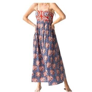 Natural Life Bailey Maxi Dress Large Boho Casual Smocked Empire Floral Pockets